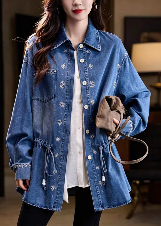 Casual Blue Embroidered Turn-Down Collar Drawstring Denim Midi Length Jacket Fall
