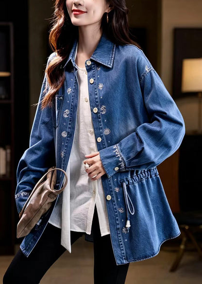 Casual Blue Embroidered Turn-Down Collar Drawstring Denim Midi Length Jacket Fall