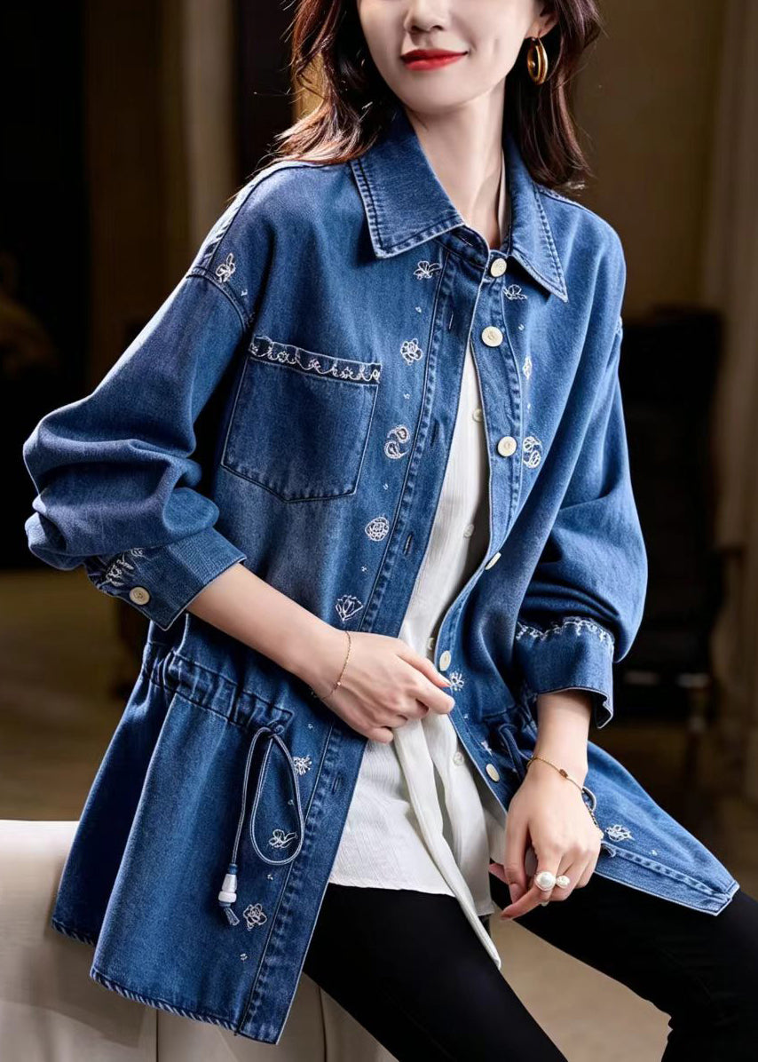 Casual Blue Embroidered Turn-Down Collar Drawstring Denim Midi Length Jacket Fall