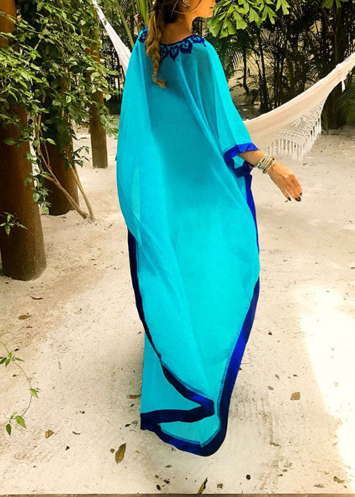 Casual Blue Embroideried Chiffon Beach Gown Summer Dress