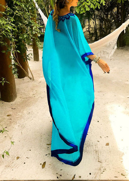 Casual Blue Embroideried Chiffon Beach Gown Summer Dress
