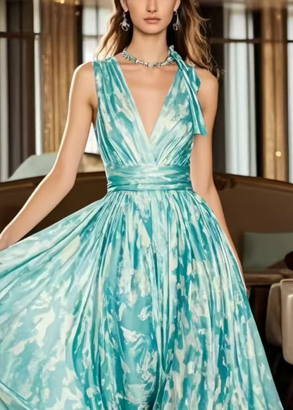 Casual Blue Exra Large Hem Print Chiffon Holiday Dress Summer