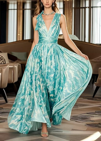 Casual Blue Exra Large Hem Print Chiffon Holiday Dress Summer