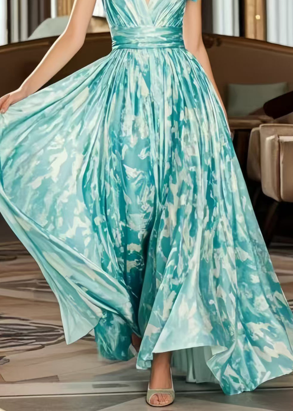 Casual Blue Exra Large Hem Print Chiffon Holiday Dress Summer