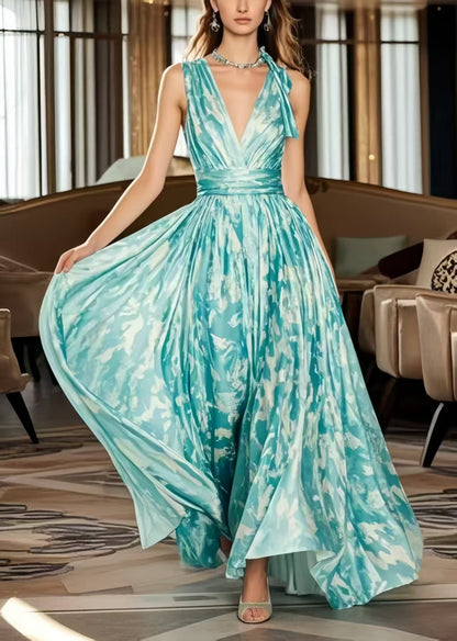 Casual Blue Exra Large Hem Print Chiffon Holiday Dress Summer