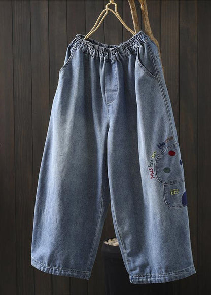 Casual Blue Graphic Patchwork Elastic Waist Crop Jeans