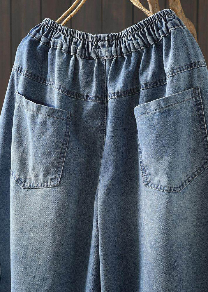 Casual Blue Graphic Patchwork Elastic Waist Crop Jeans
