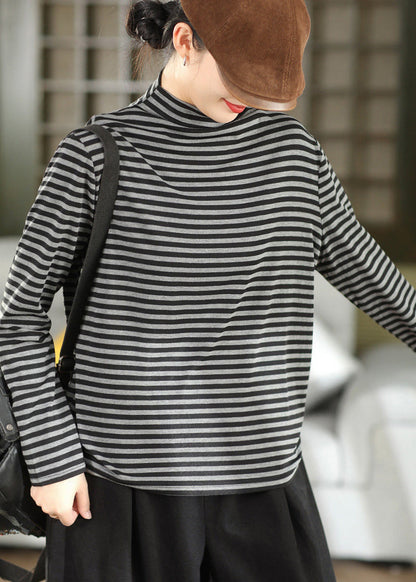 Casual Blue Half Hign Neck Striped Cotton T Shirt Top Fall