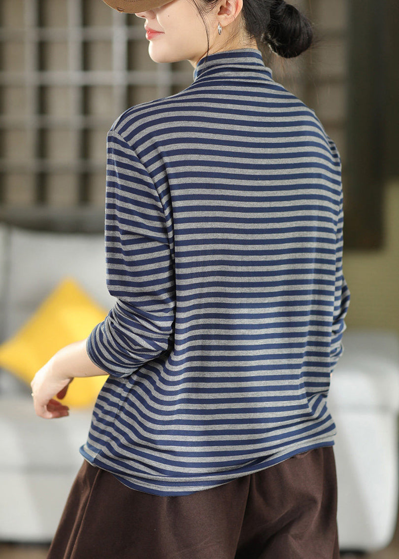 Casual Blue Half Hign Neck Striped Cotton T Shirt Top Fall