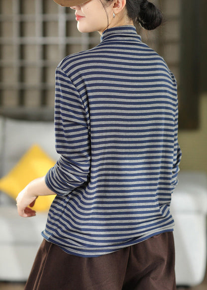 Casual Blue Half Hign Neck Striped Cotton T Shirt Top Fall