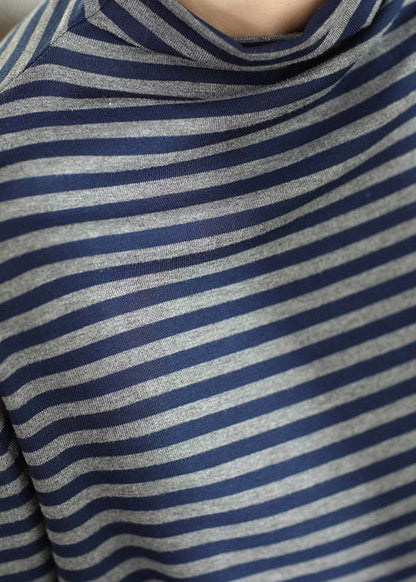Casual Blue Half Hign Neck Striped Cotton T Shirt Top Fall