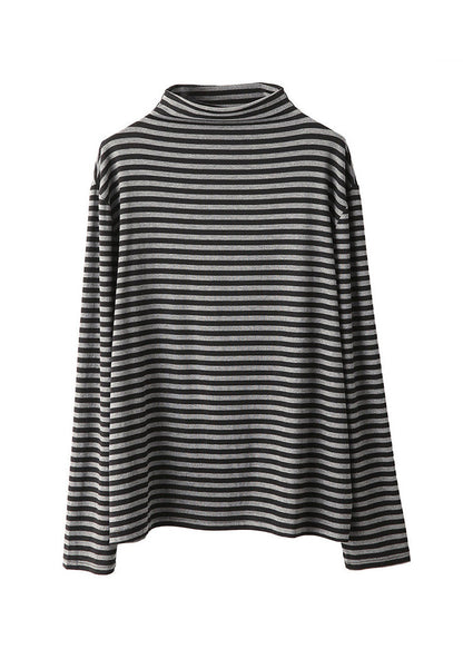 Casual Blue Half Hign Neck Striped Cotton T Shirt Top Fall