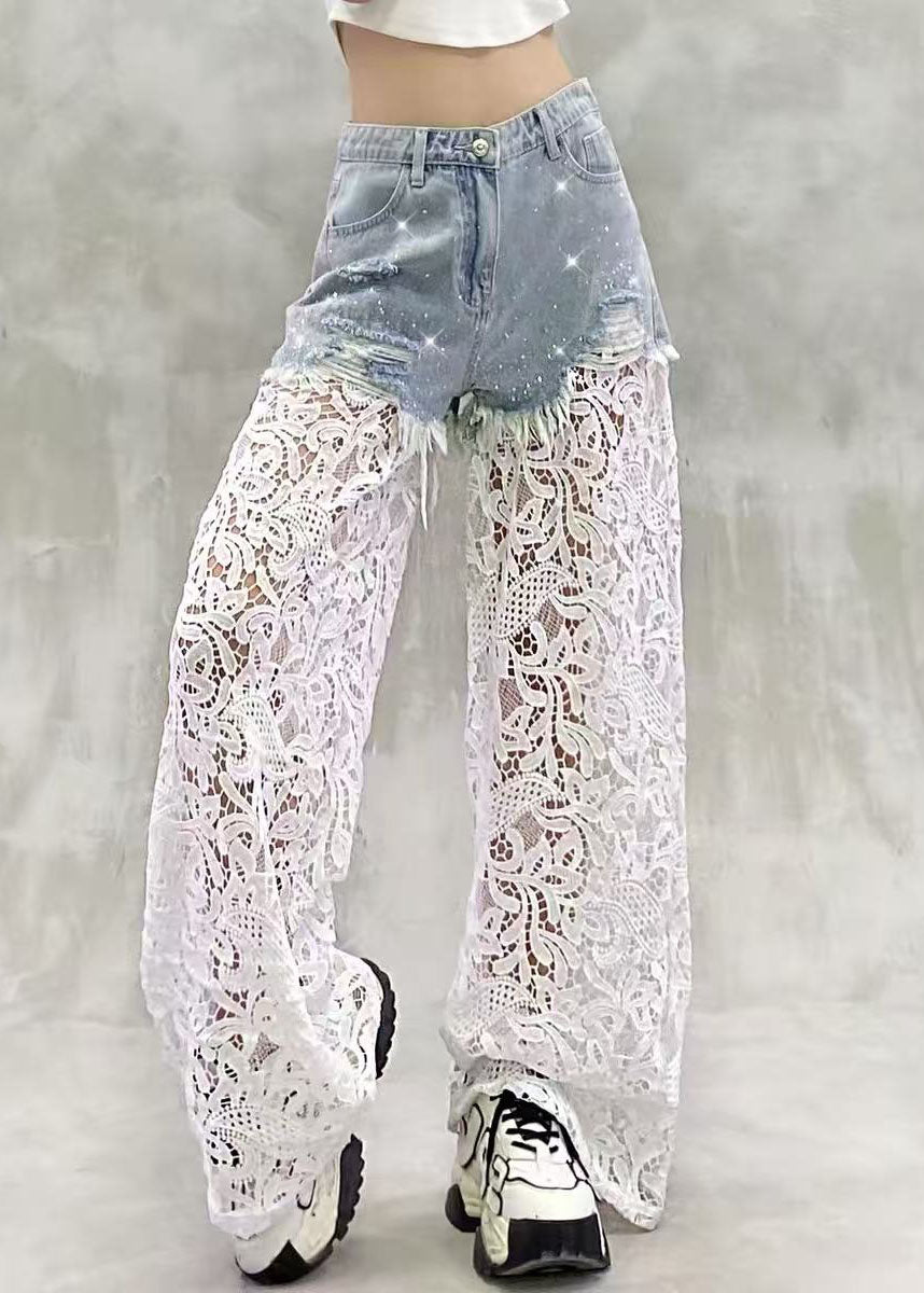 Casual Blue High Waist Rhinestone Ripped Lace Patchwork Denim Wide Leg Pants Summer