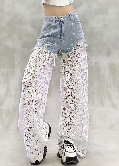 Casual Blue High Waist Rhinestone Ripped Lace Patchwork Denim Wide Leg Pants Summer