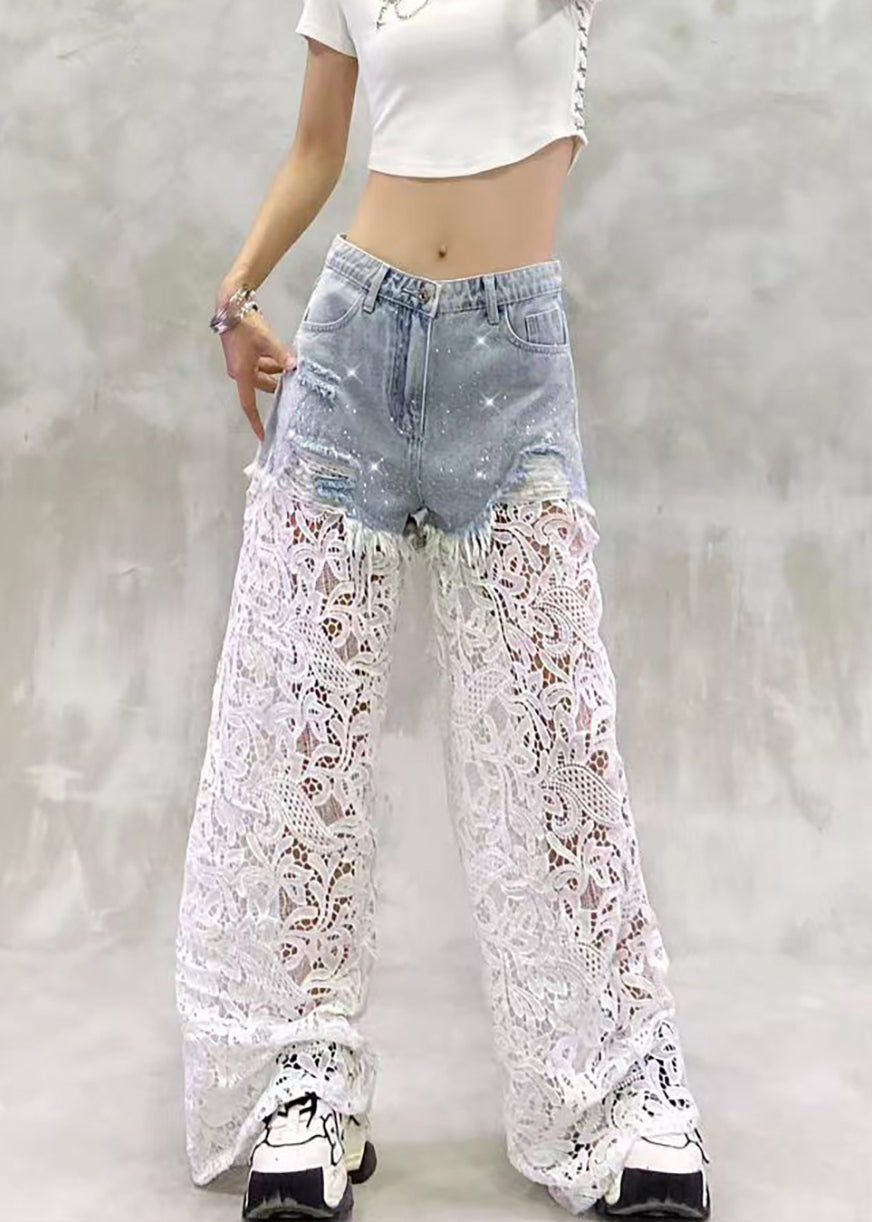 Casual Blue High Waist Rhinestone Ripped Lace Patchwork Denim Wide Leg Pants Summer