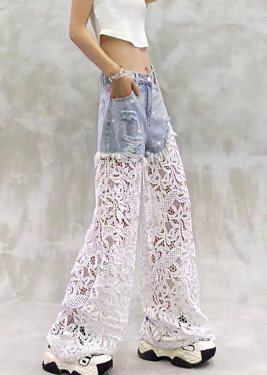 Casual Blue High Waist Rhinestone Ripped Lace Patchwork Denim Wide Leg Pants Summer