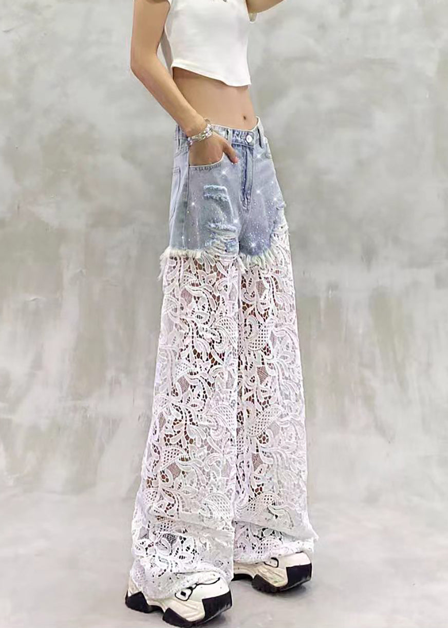Casual Blue High Waist Rhinestone Ripped Lace Patchwork Denim Wide Leg Pants Summer