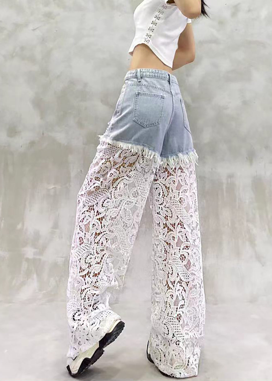 Casual Blue High Waist Rhinestone Ripped Lace Patchwork Denim Wide Leg Pants Summer