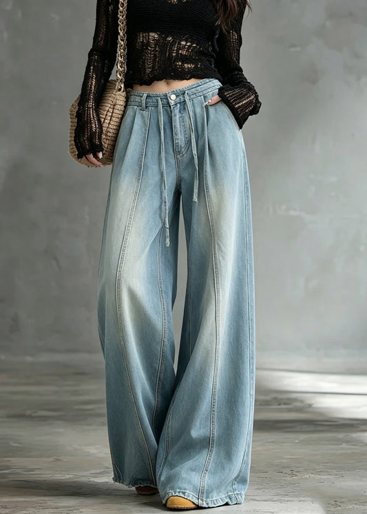 Casual Blue High Waist Tie Waist Wide Leg Jeans