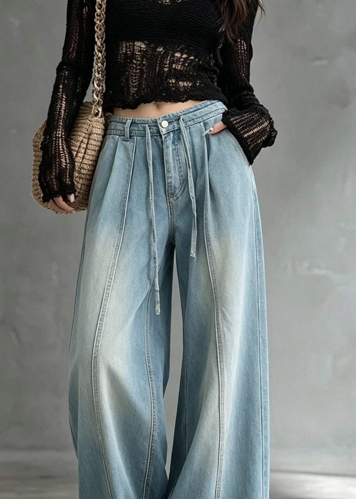 Casual Blue High Waist Tie Waist Wide Leg Jeans