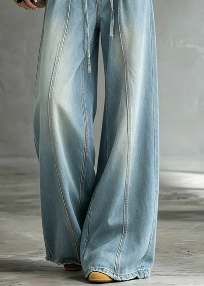 Casual Blue High Waist Tie Waist Wide Leg Jeans
