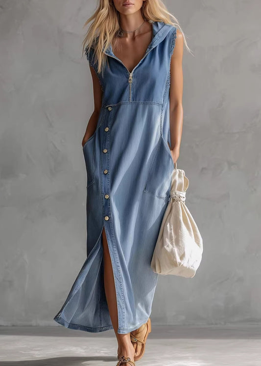 Casual Blue Hooded Pockets Patchwork Denim Dresses Sleeveless