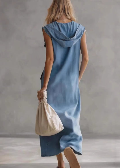 Casual Blue Hooded Pockets Patchwork Denim Dresses Sleeveless
