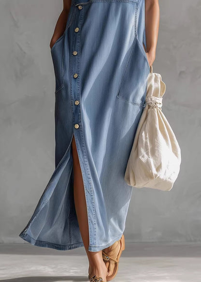 Casual Blue Hooded Pockets Patchwork Denim Dresses Sleeveless