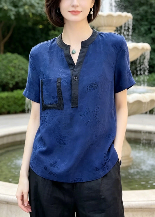 Casual Blue Jacquard Patchwork Pocket Silk Blouses Summer