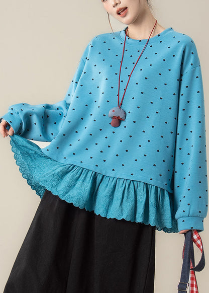 Casual Blue Love Print Streetwear Long Sleeve