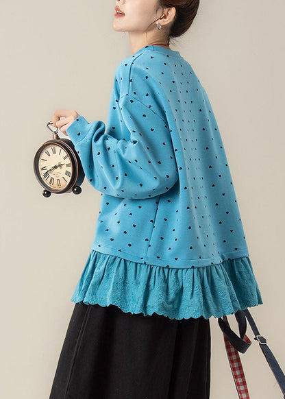Casual Blue Love Print Streetwear Long Sleeve