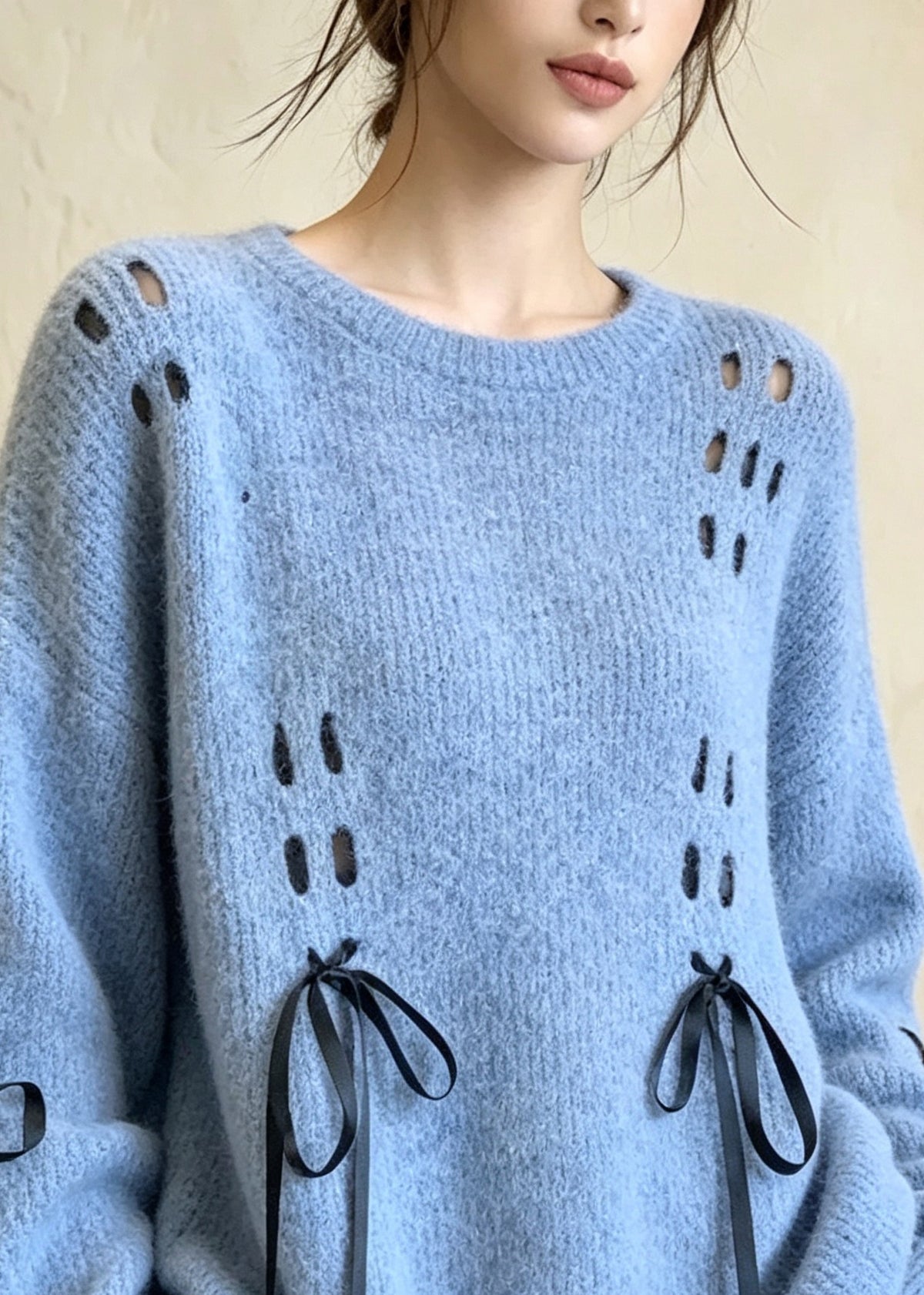 Casual Blue O Neck Bow Lace Up Knit Sweater Tops Fall