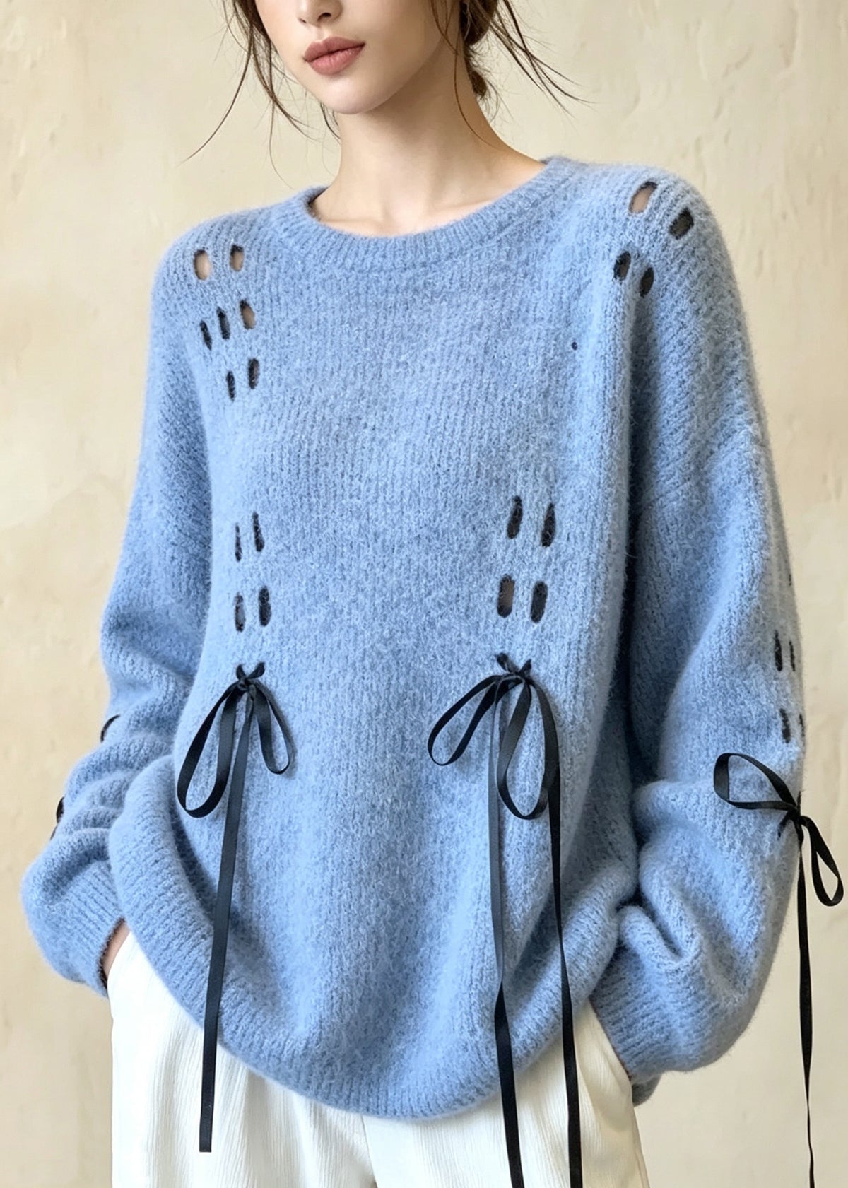 Casual Blue O Neck Bow Lace Up Knit Sweater Tops Fall
