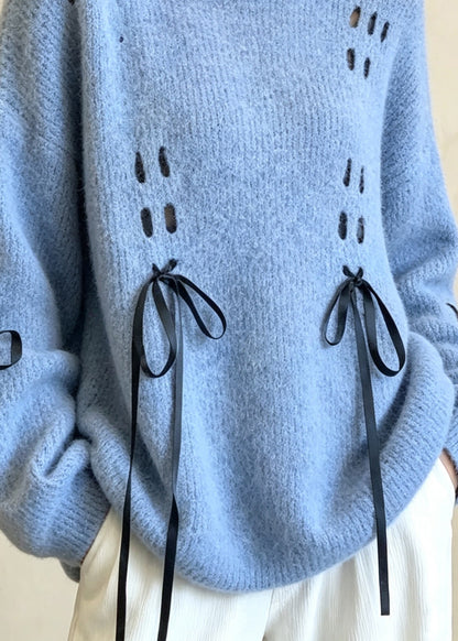 Casual Blue O Neck Bow Lace Up Knit Sweater Tops Fall