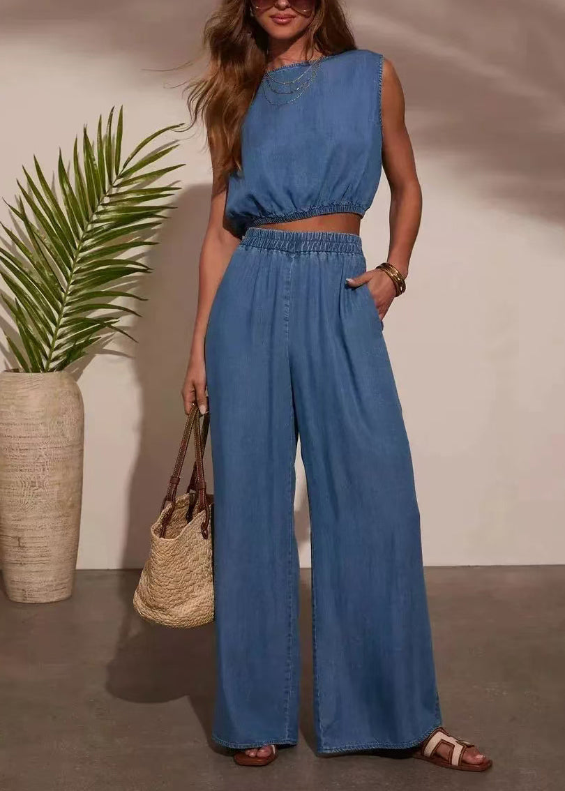 Casual Blue O-Neck Denim Two Pieces Set Sleeveless