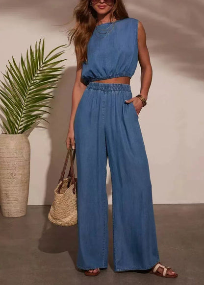 Casual Blue O-Neck Denim Two Pieces Set Sleeveless