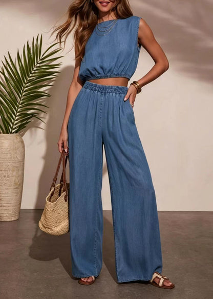 Casual Blue O-Neck Denim Two Pieces Set Sleeveless