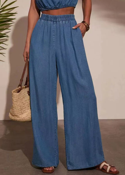 Casual Blue O-Neck Denim Two Pieces Set Sleeveless