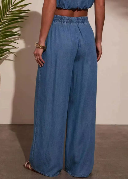Casual Blue O-Neck Denim Two Pieces Set Sleeveless