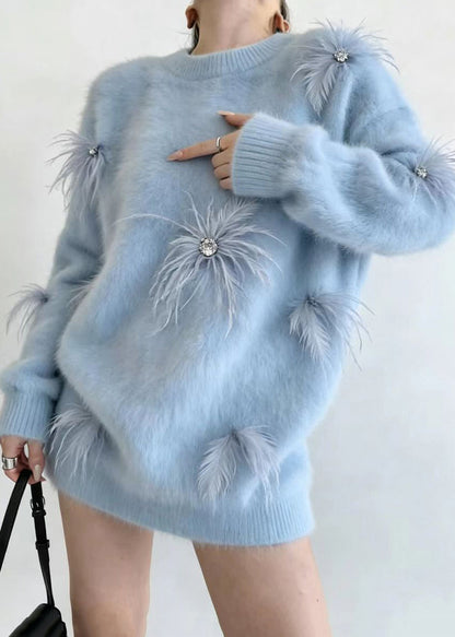 Casual Blue O-Neck Feather Thick Sweater Tops Long Sleeve
