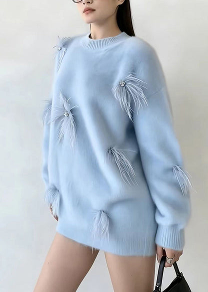 Casual Blue O-Neck Feather Thick Sweater Tops Long Sleeve