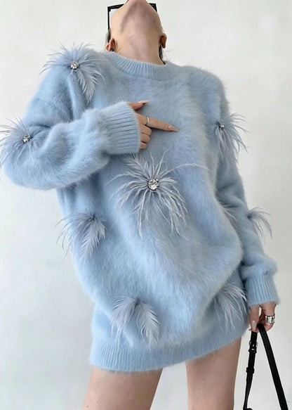 Casual Blue O-Neck Feather Thick Sweater Tops Long Sleeve