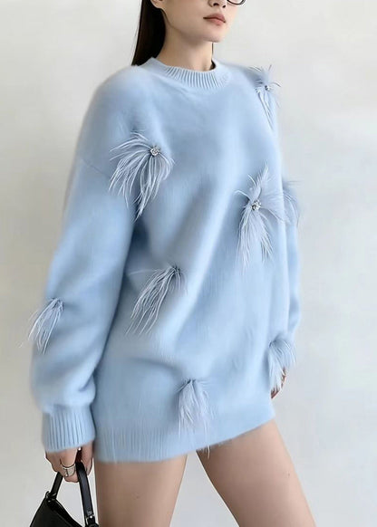 Casual Blue O-Neck Feather Thick Sweater Tops Long Sleeve