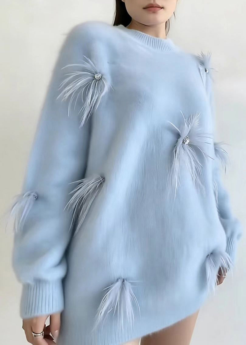 Casual Blue O-Neck Feather Thick Sweater Tops Long Sleeve
