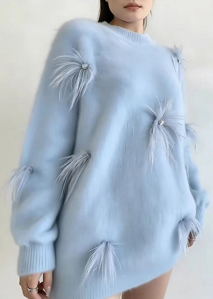 Casual Blue O-Neck Feather Thick Sweater Tops Long Sleeve