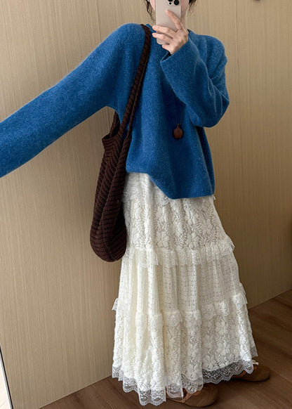 Casual Blue O-Neck Oversized Knit Pullover Winter