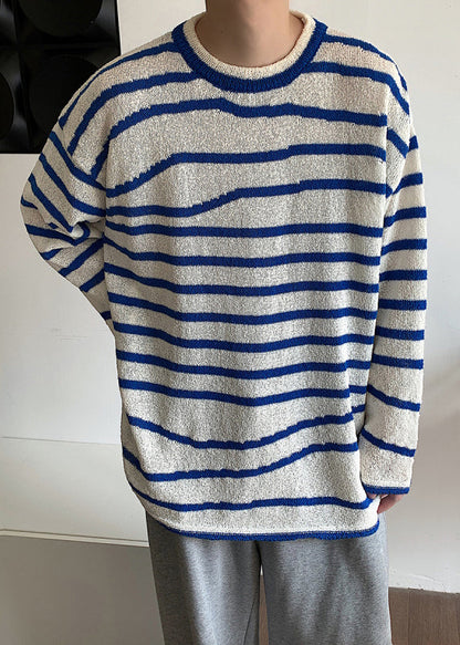 Casual Blue O-Neck Striped Cozy Knit Mens Sweaters Spring