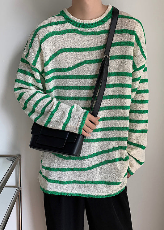 Casual Blue O-Neck Striped Cozy Knit Mens Sweaters Spring