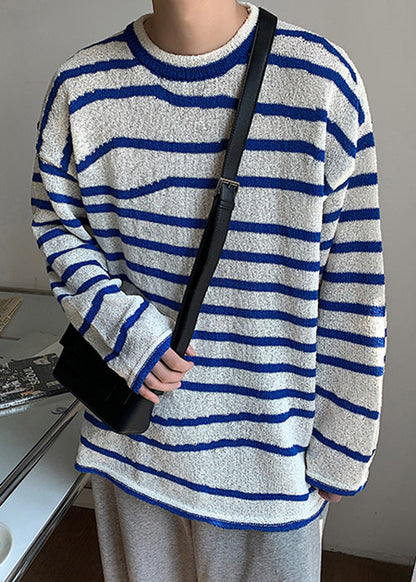 Casual Blue O-Neck Striped Cozy Knit Mens Sweaters Spring