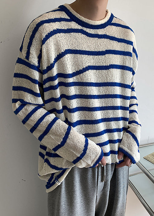 Casual Blue O-Neck Striped Cozy Knit Mens Sweaters Spring